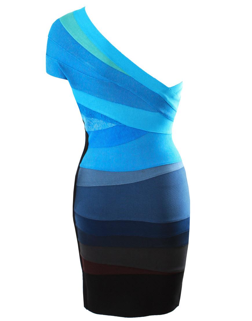 Blue ombre one shoulder bandage dress style Brooke Shields