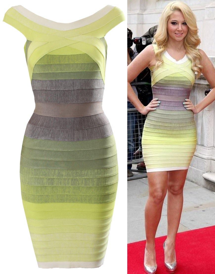 Green gradient off shoulder bandage dress style Tulisa