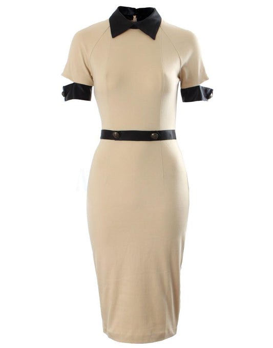 Button detail polo collar Pencil Dress in Beige