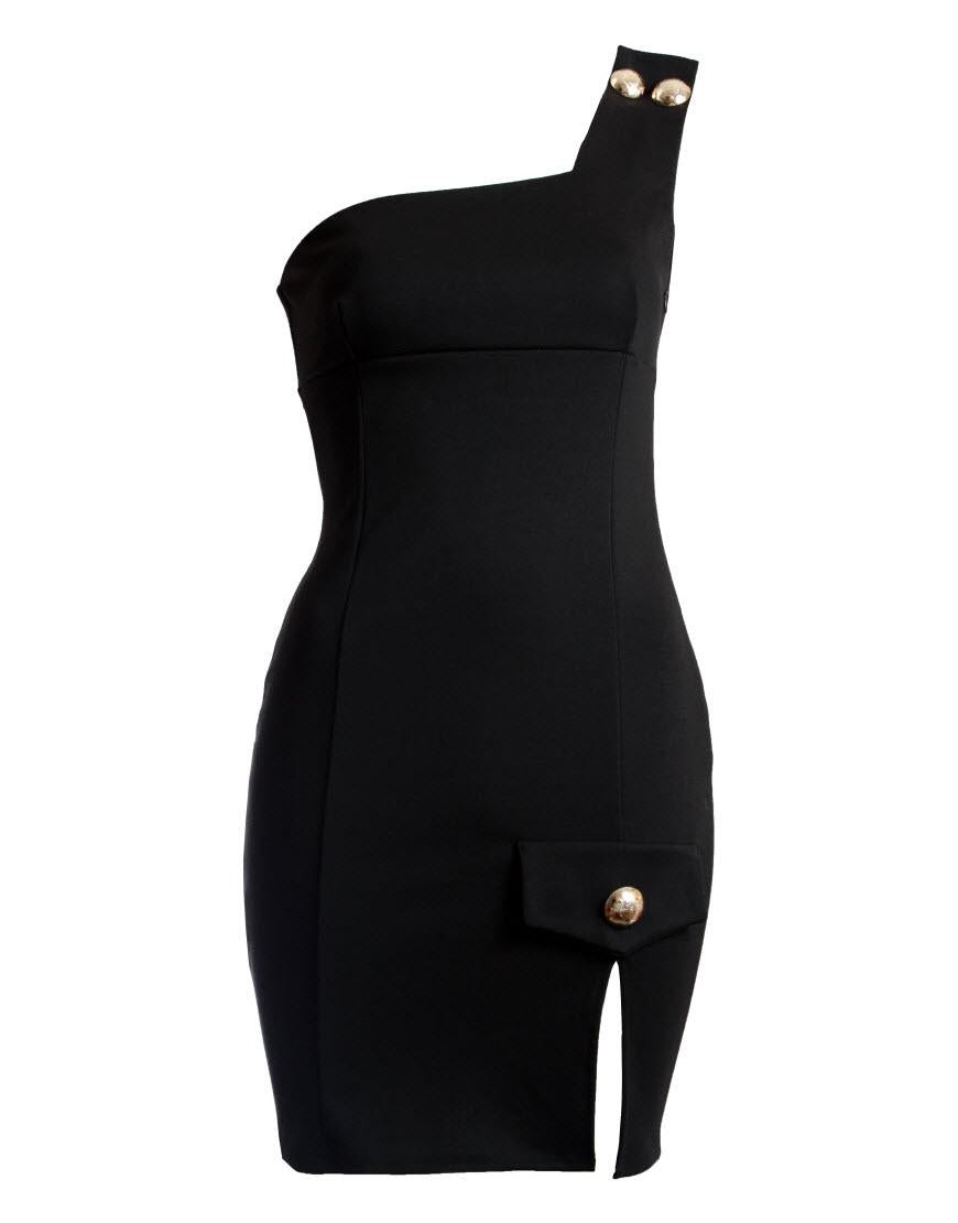Gold buttons dress style Elizabeth Banks in Versace in black
