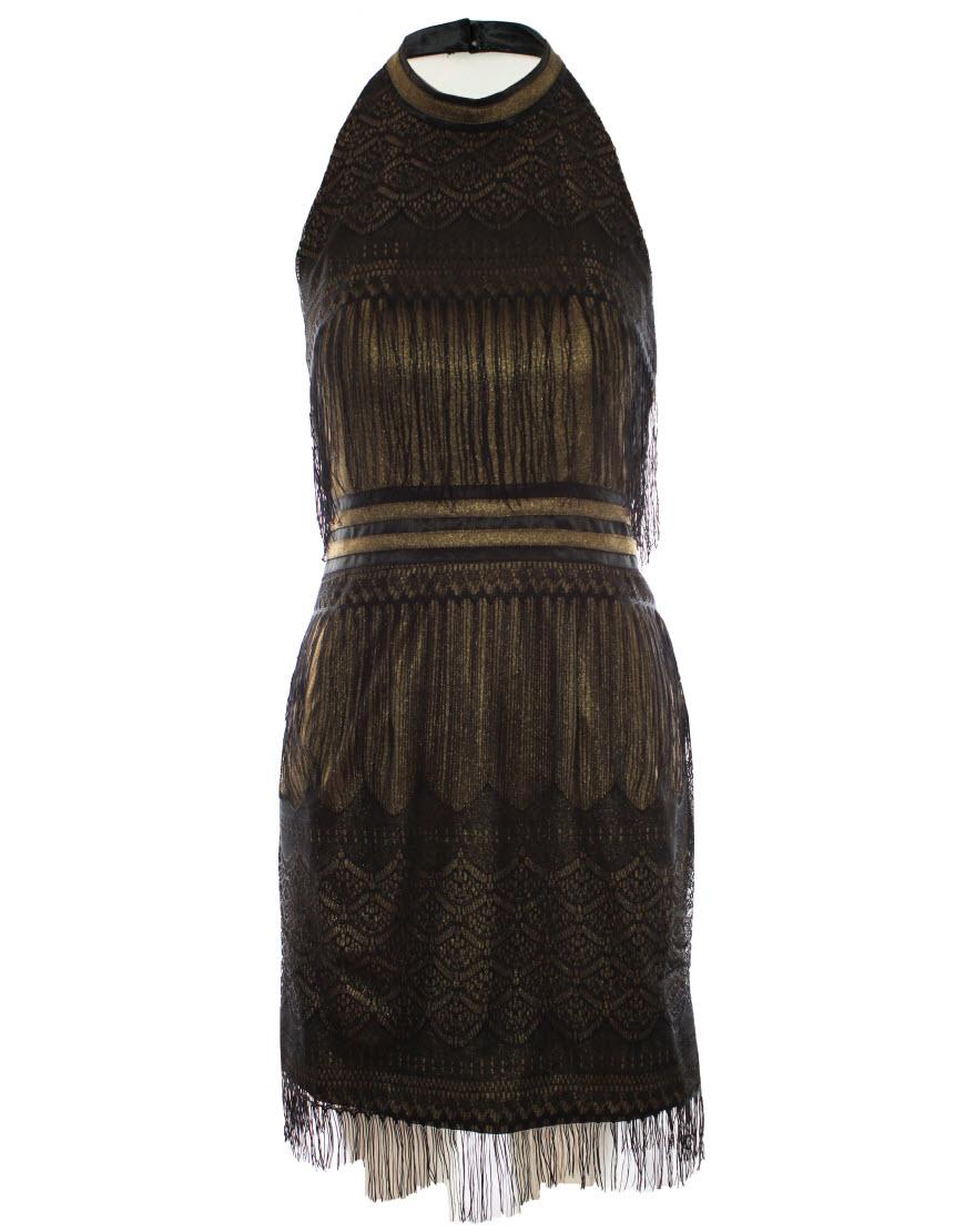 Fringed metallic gold halter neck dress
