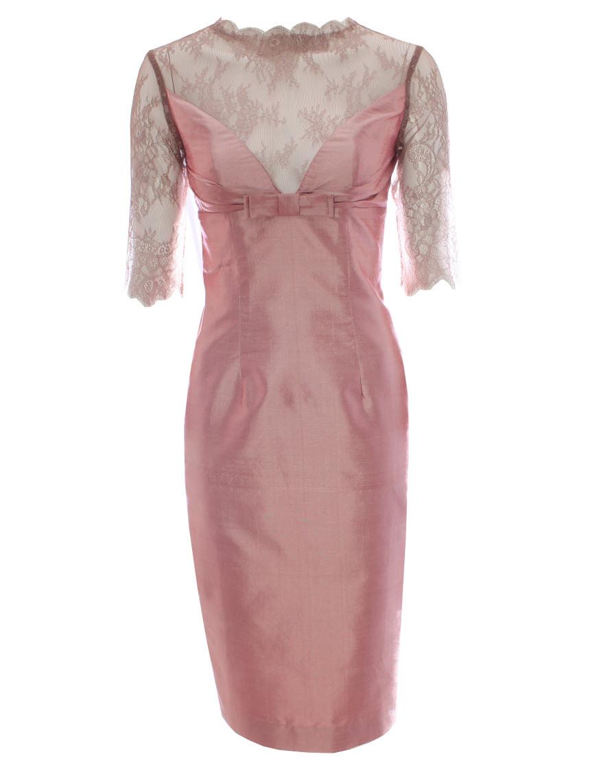 Bow detailed french lace SILK dress in beige