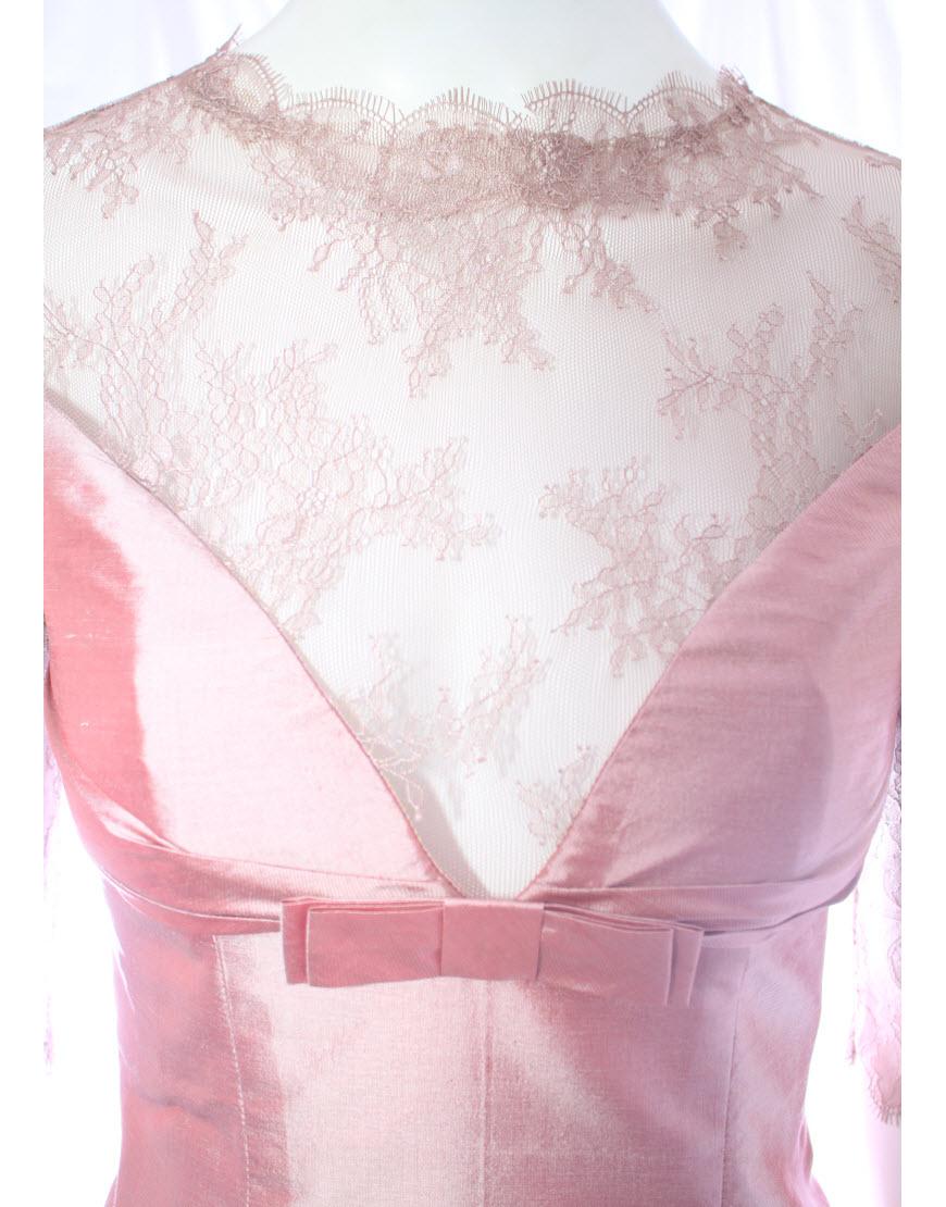 Bow detailed french lace SILK dress in beige