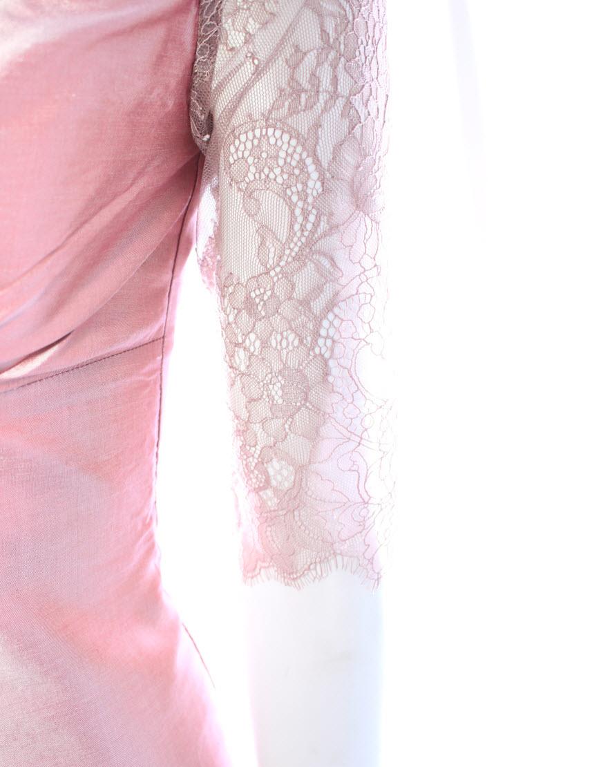 Bow detailed french lace SILK dress in beige