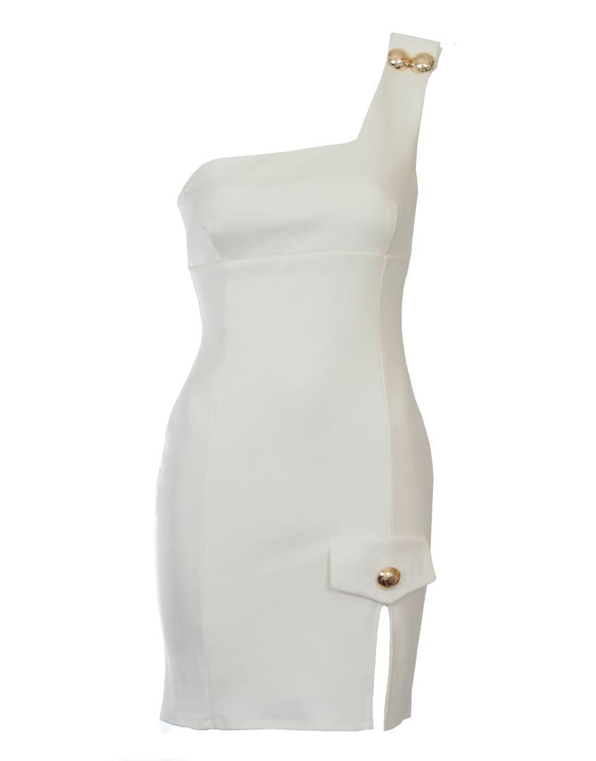 Gold buttons dress style Elizabeth Banks in Versace in cream