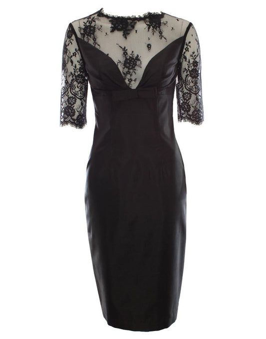 Bow detailed french lace SILK dress in black