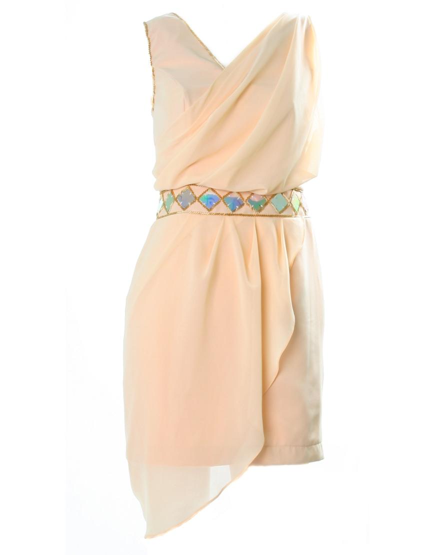 Draped beaded embellishment dress in beige
