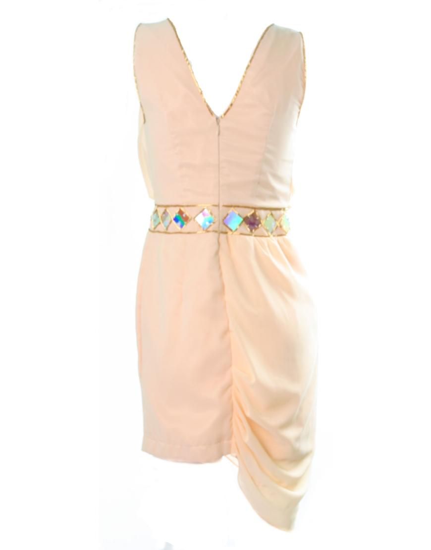 Draped beaded embellishment dress in beige