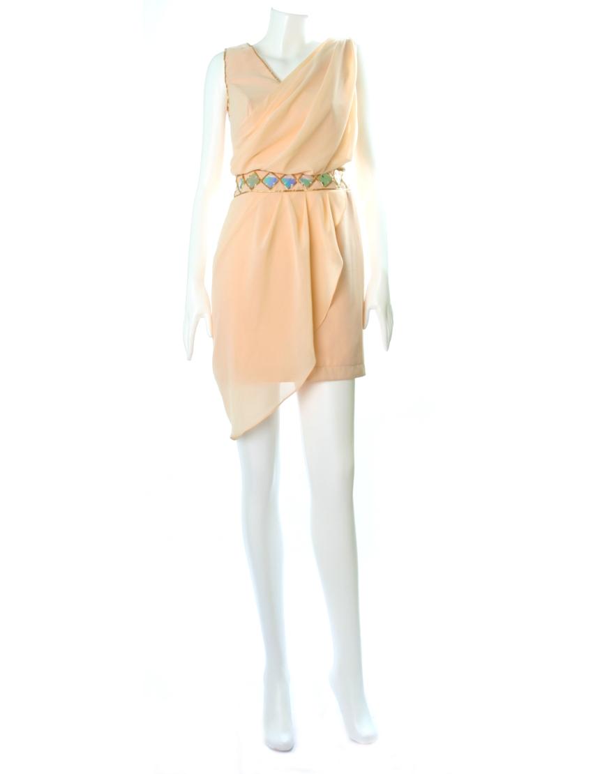 Draped beaded embellishment dress in beige