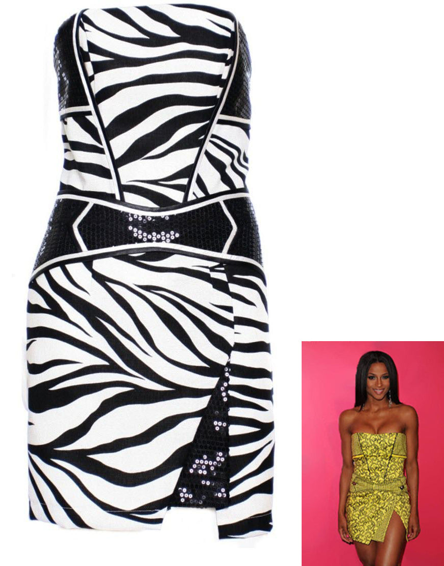 Zebra Sequin two-tone trim mini dress