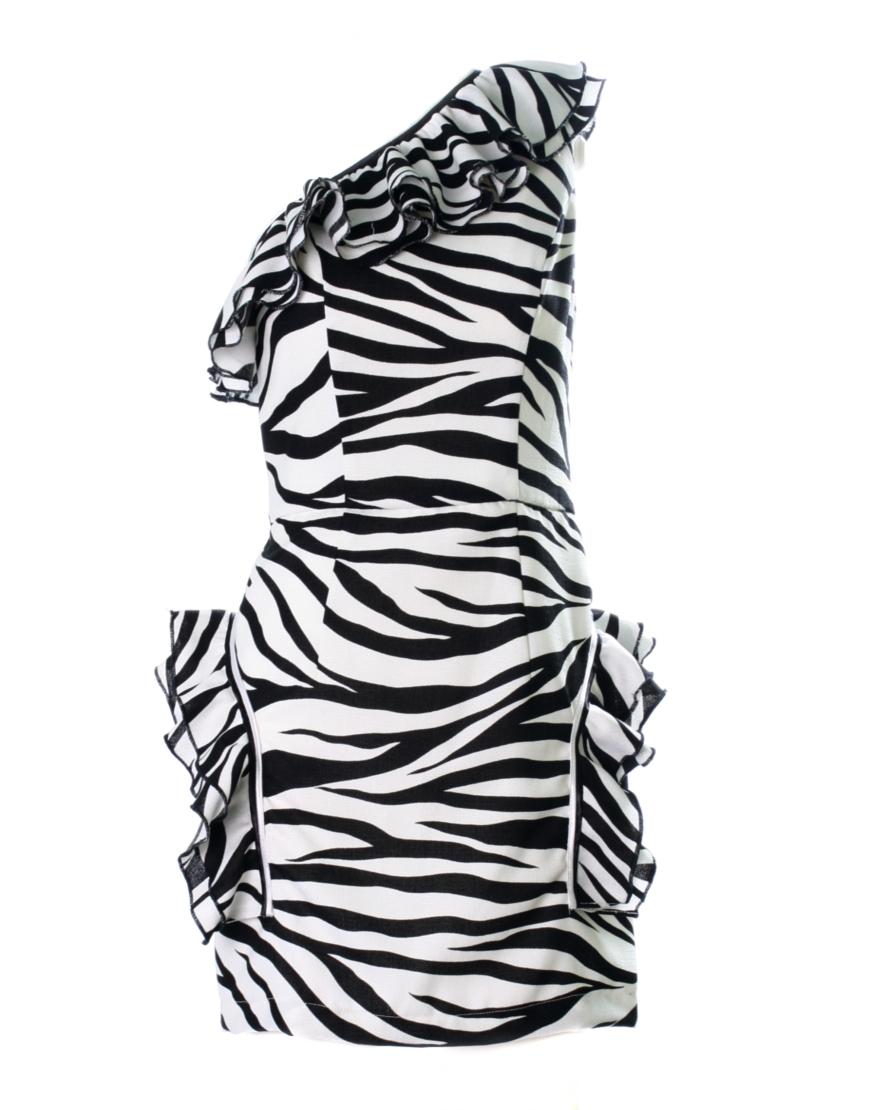 Zebra One Shoulder Frilled Mini Dress