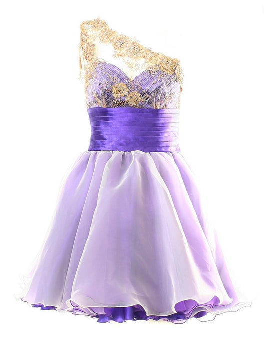 Gold embroidered lace panel prom dress in purple
