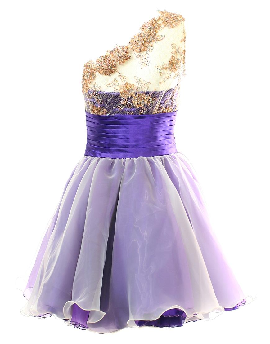 Gold embroidered lace panel prom dress in purple