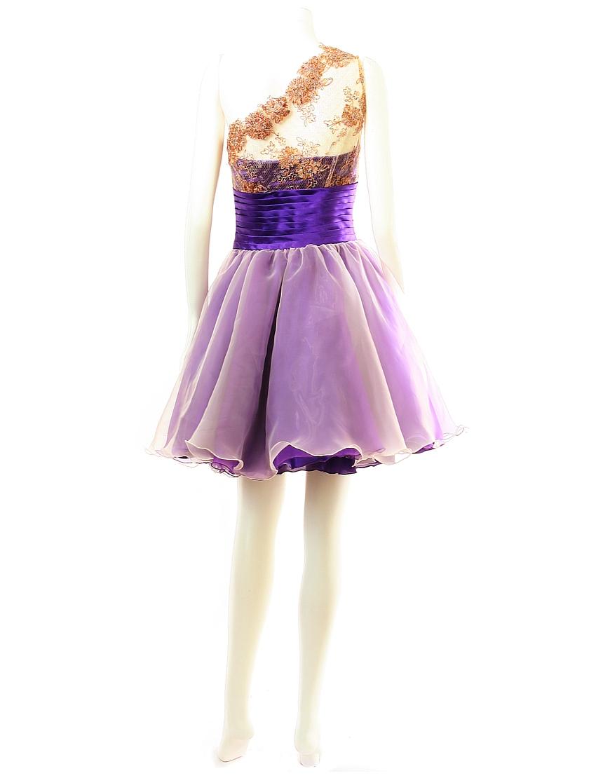 Gold embroidered lace panel prom dress in purple