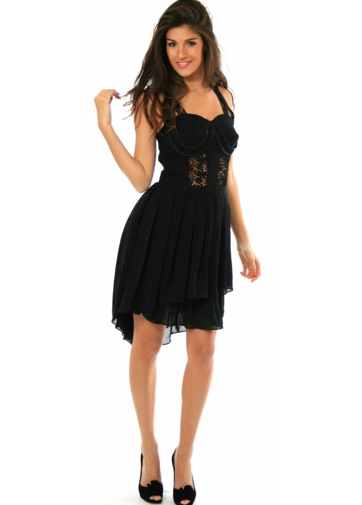 Pleated layered lace inserted bodice dress in black