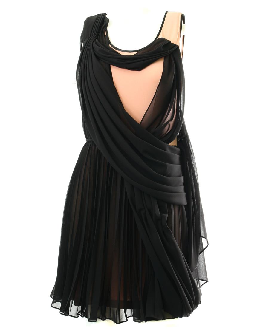 Twisted pleat overlay dress in black