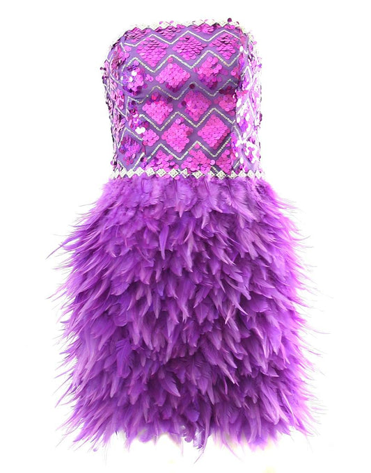 Embellished bodice & jewelled-waist feather dress