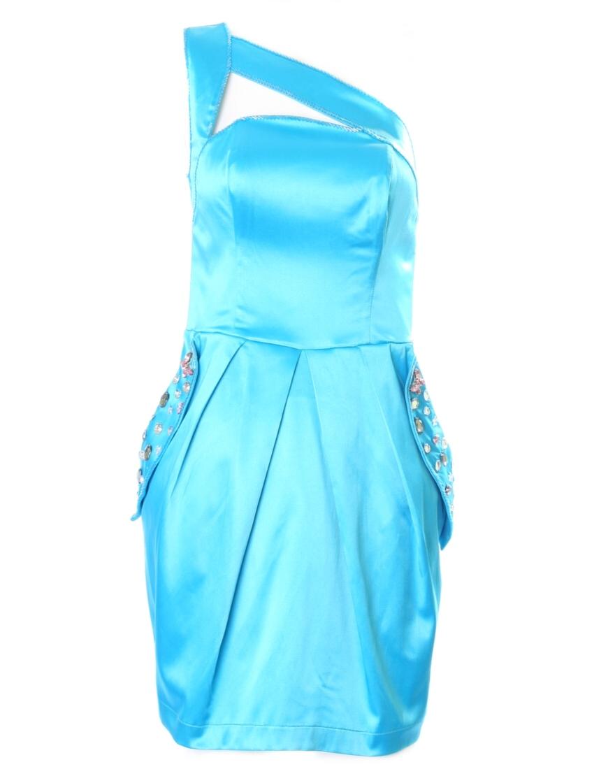 One shoulder jewelled pockets Dress in blue