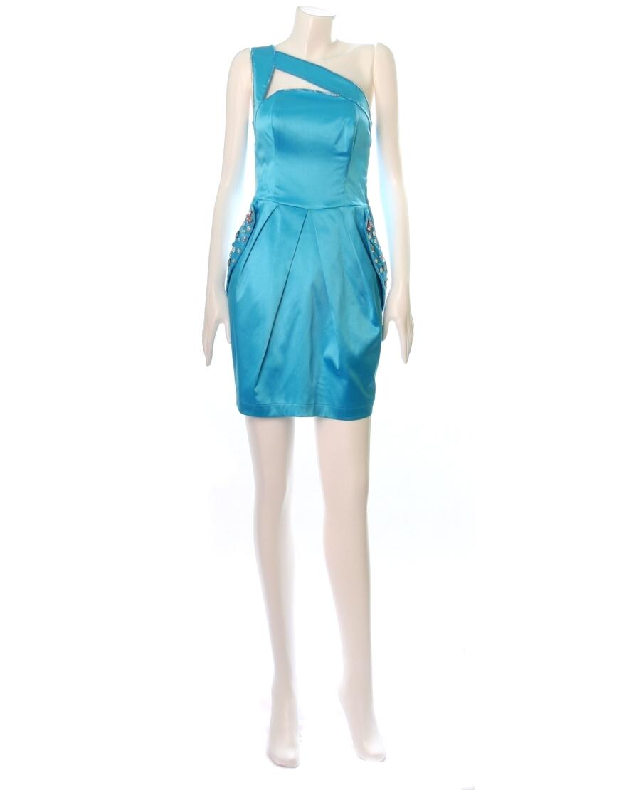 One shoulder jewelled pockets Dress in blue