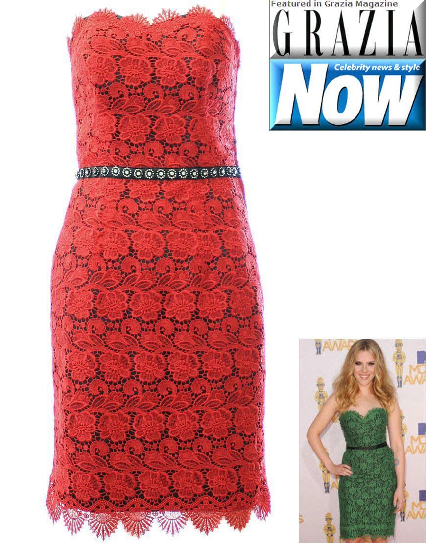 Embellished lace dress in red overlaid black satin