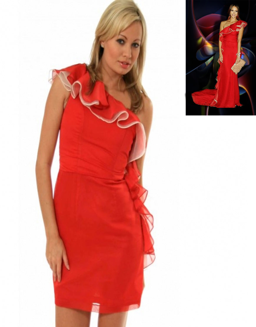 One shoulder style with soft floaty frills in red & ivory white