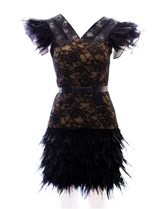 Emma Watson gold lace & feather detail dress
