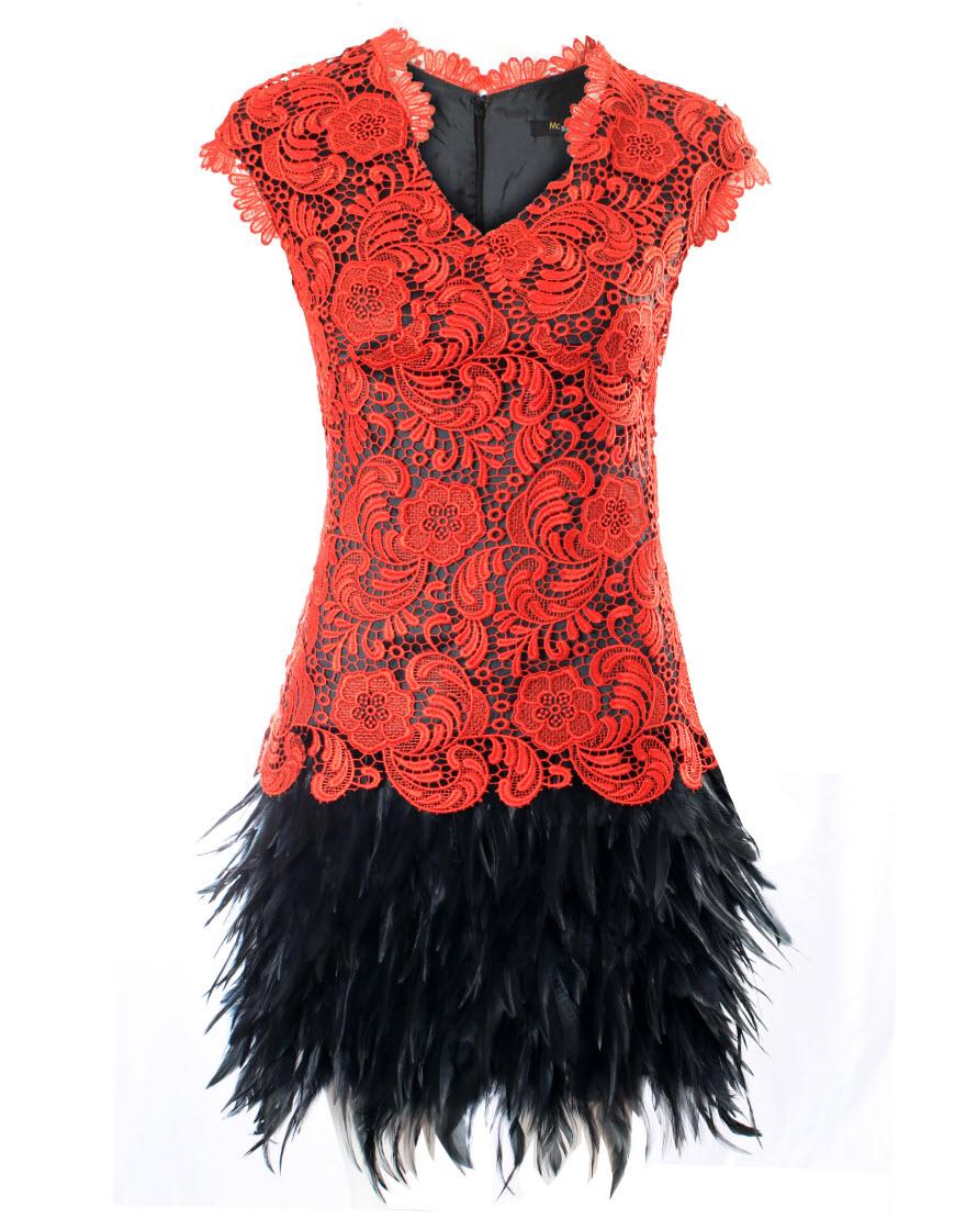 Red lace feather dress as worn by Billi Mucklow at Magic Mike Premiere