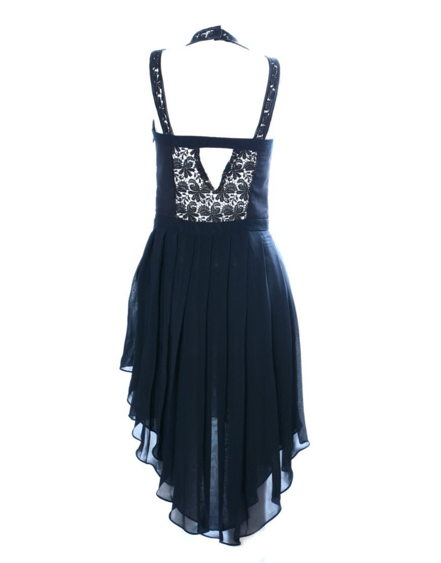 Pleated layered lace inserted bodice dress in black