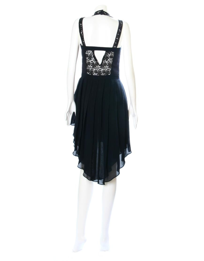 Pleated layered lace inserted bodice dress in black