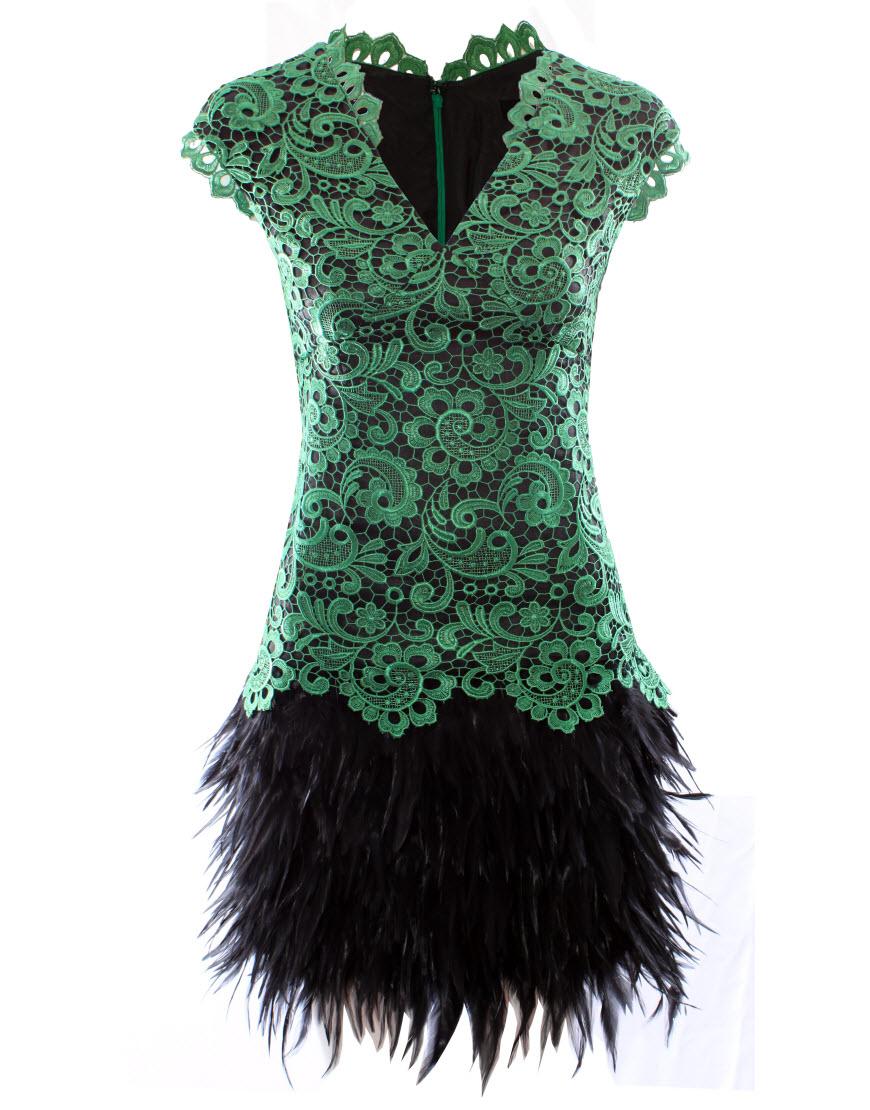 Green Lace & Black feather dress worn by Billi Mucklow in green