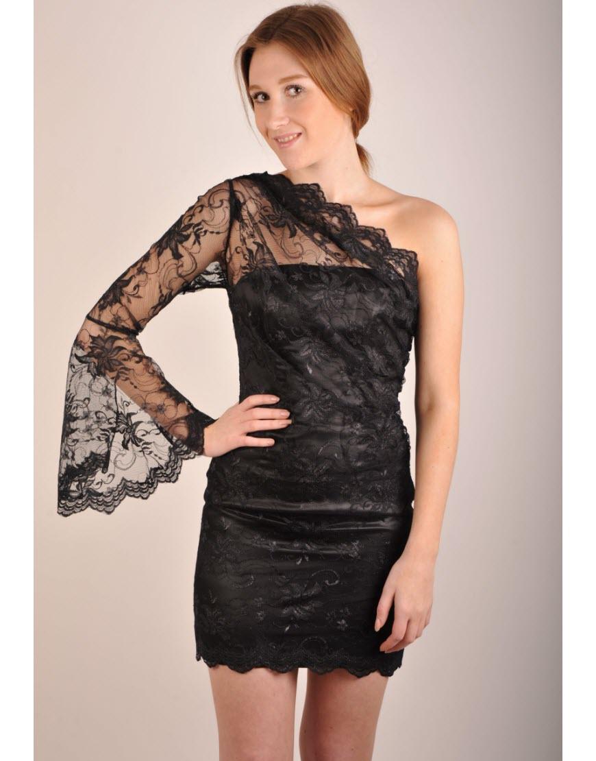 Triangular trim lace long sleeve with fab flared cuff in black