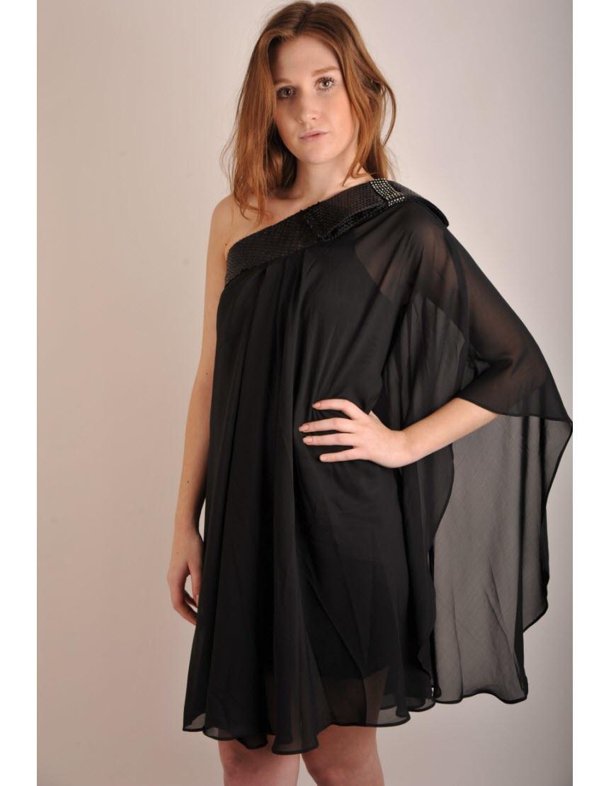 One shoulder bow-embellished bat wing dress