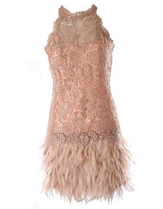 Halter neck lace trim-detailed feather dress in Red & Beige