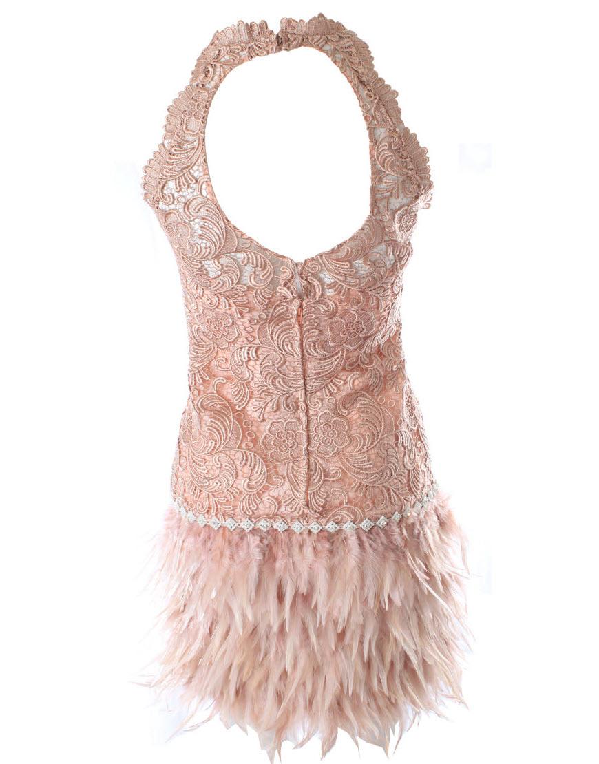 Halter neck lace trim-detailed feather dress in Red & Beige