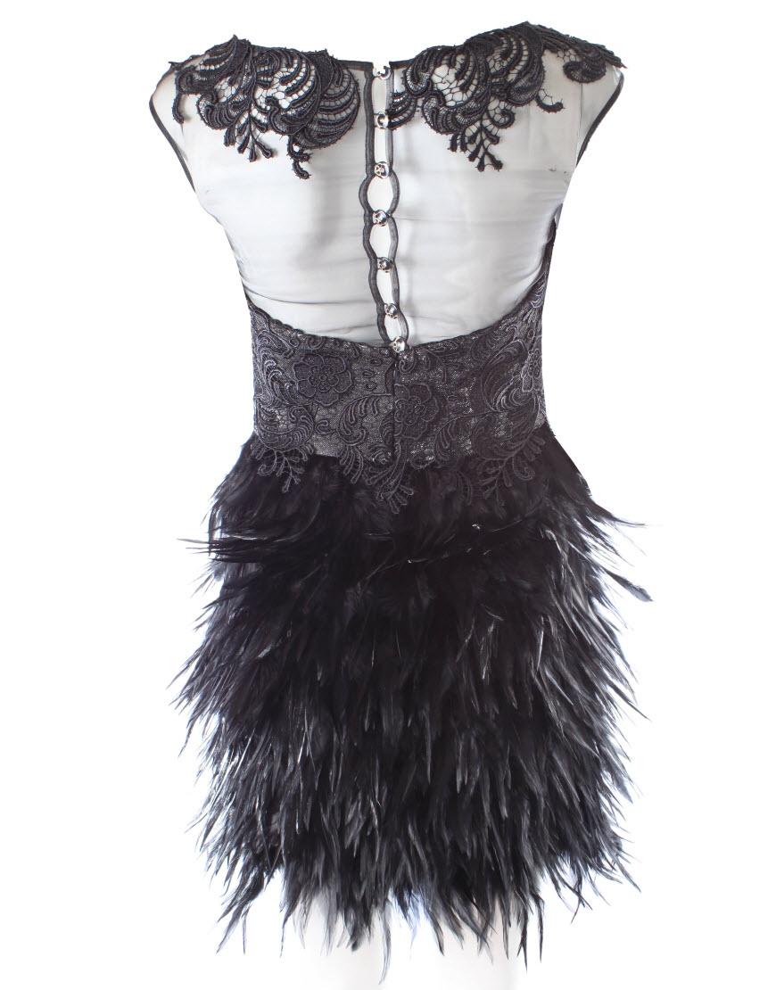Chiffon collar lace detailed feather dress