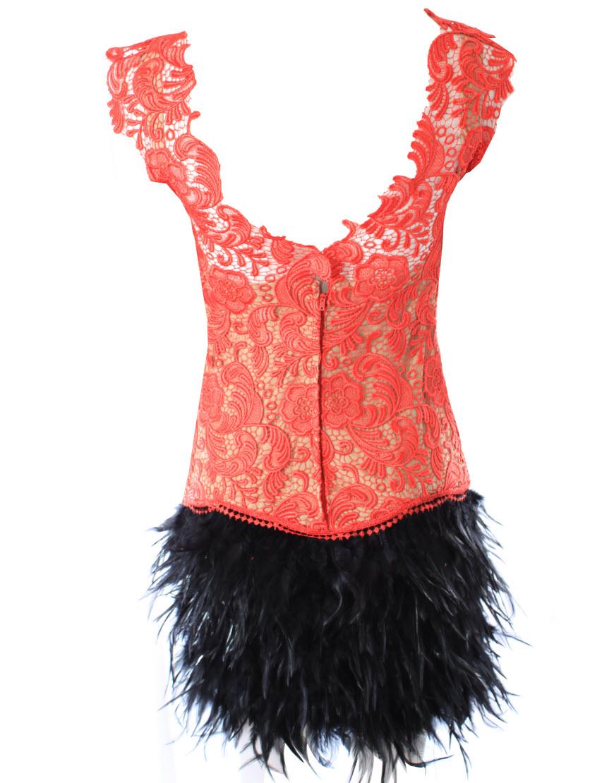 Deep V neck lace detailed feather dress in Red overlaid nude