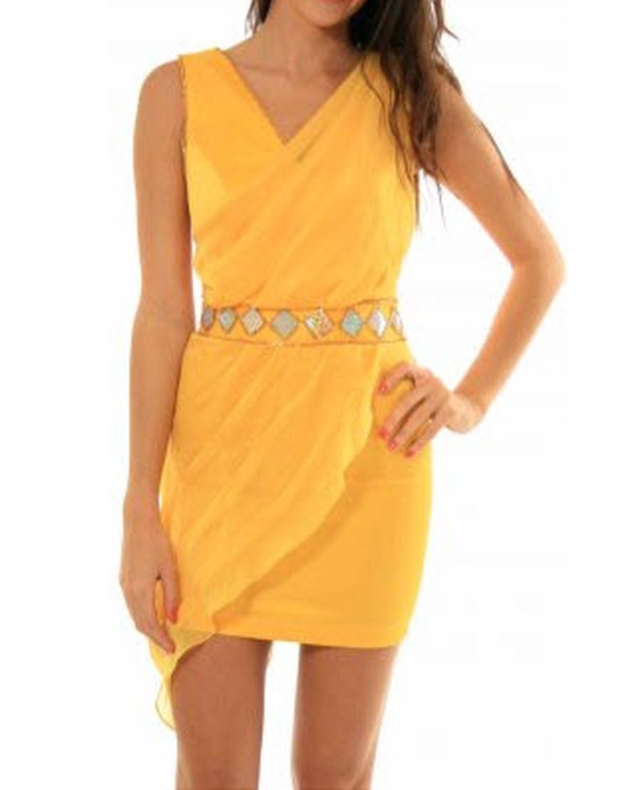 Draped beaded embellishment dress in yellow