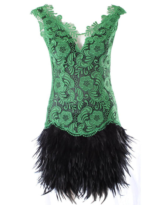 Deep V neck lace detailed feather dress in Green overlaid black