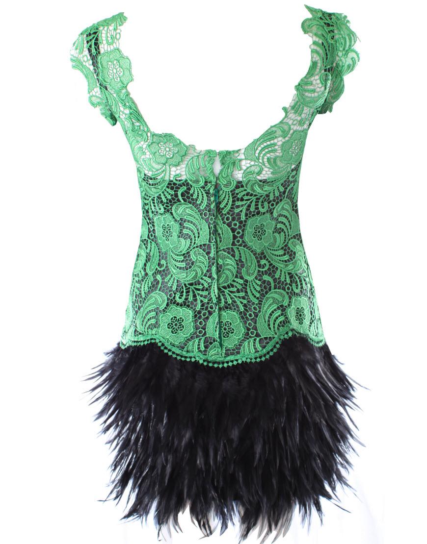 Deep V neck lace detailed feather dress in Green overlaid black