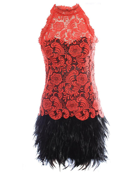 Halter neck lace trim-detailed feather dress in Red