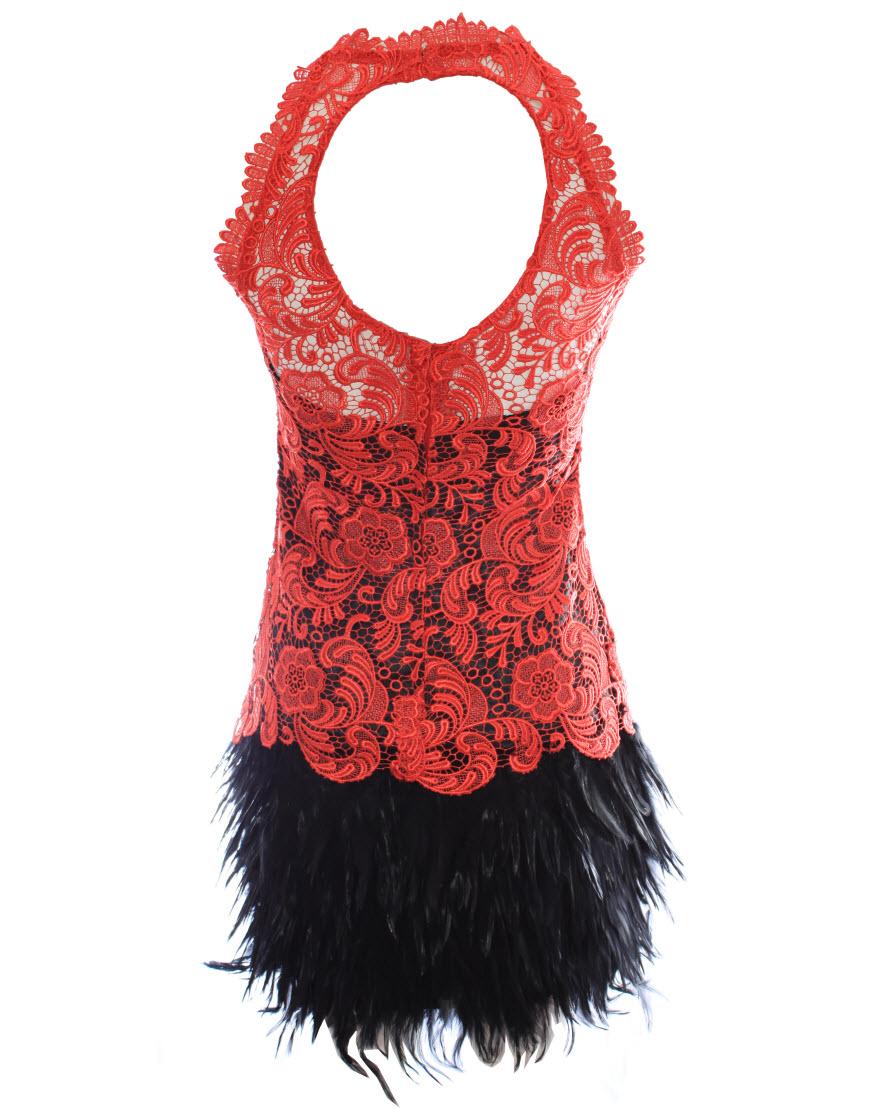 Halter neck lace trim-detailed feather dress in Red