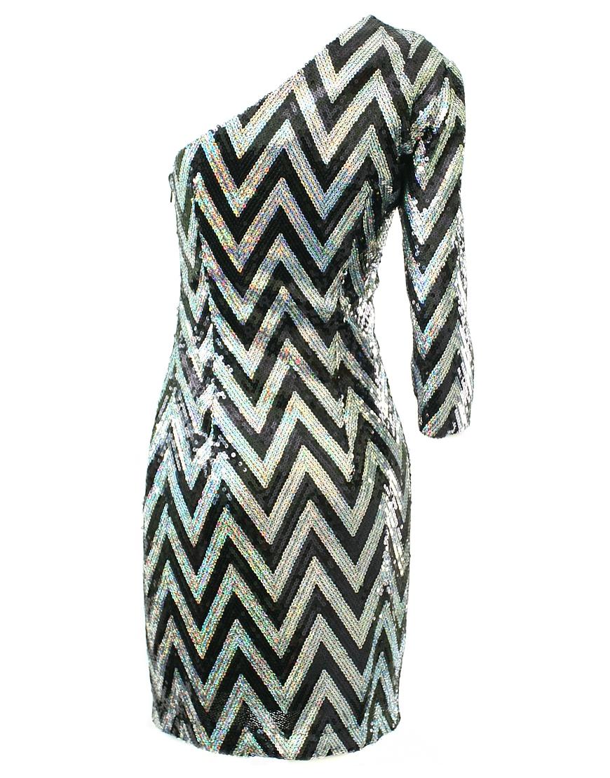One sleeve sequin zig zag dress