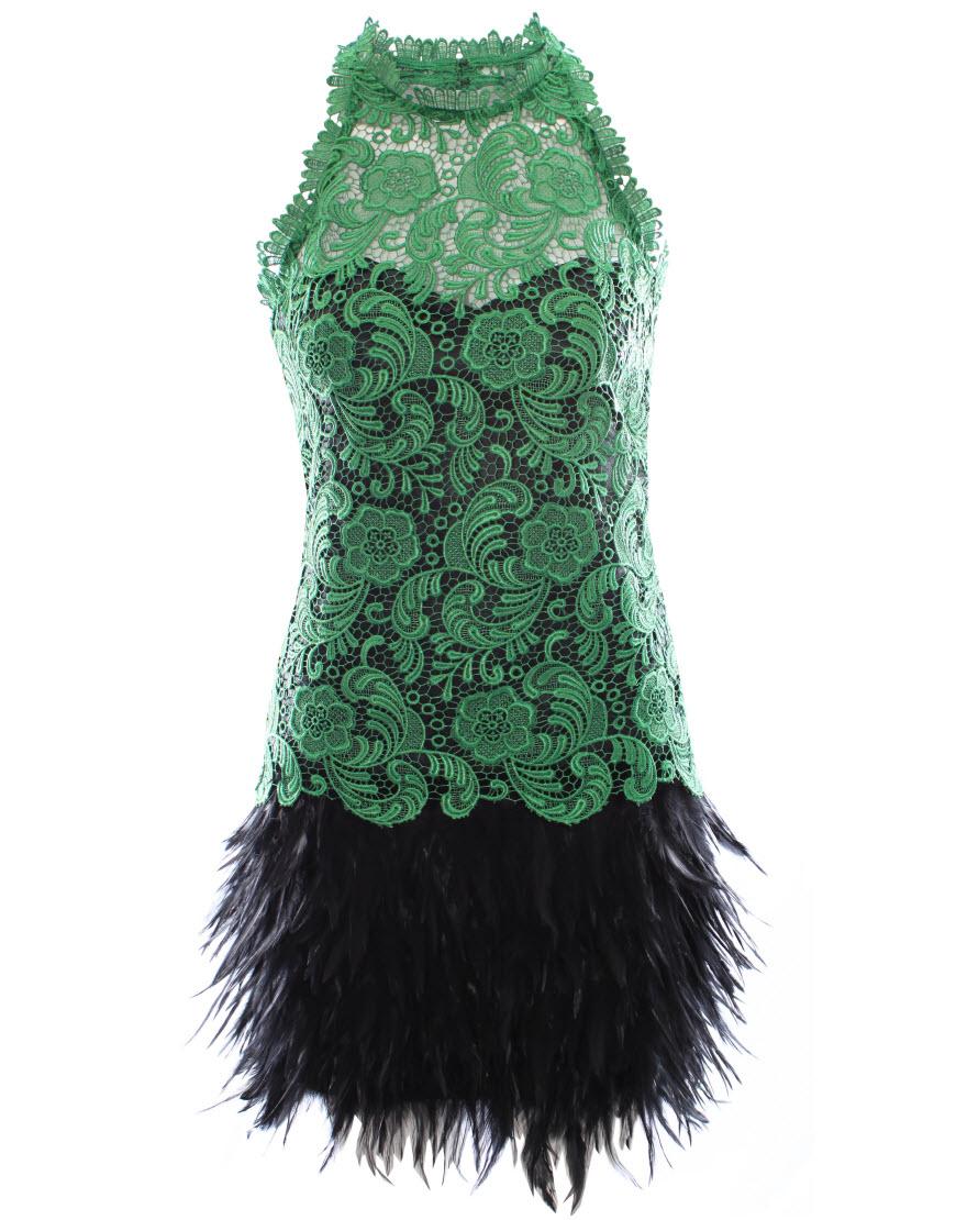 Halter neck lace trim-detailed feather dress in Green