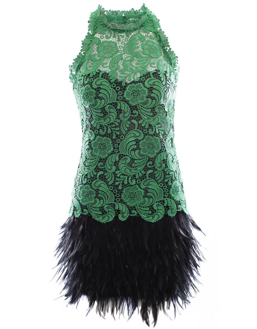 Halter neck lace trim-detailed feather dress in Green