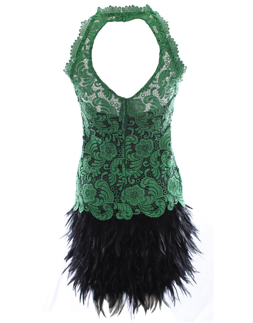 Halter neck lace trim-detailed feather dress in Green