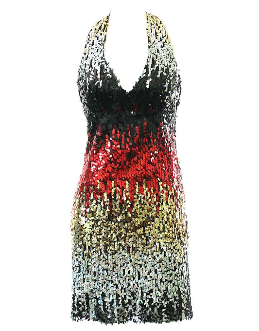 Colourful sequinned halter neck cocktail dress