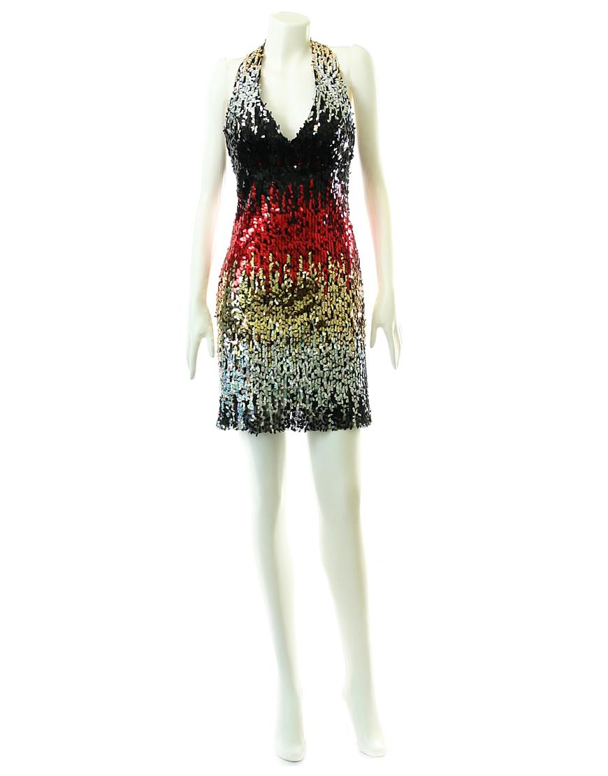 Colourful sequinned halter neck cocktail dress