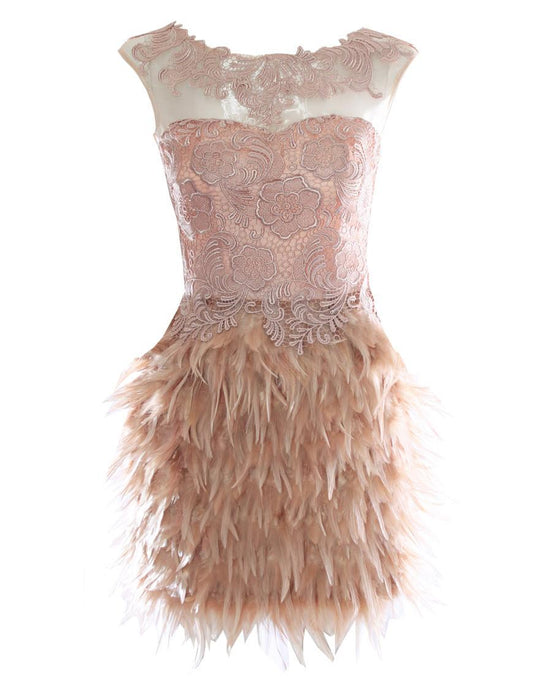 Chiffon collar lace detailed feather dress in Beige