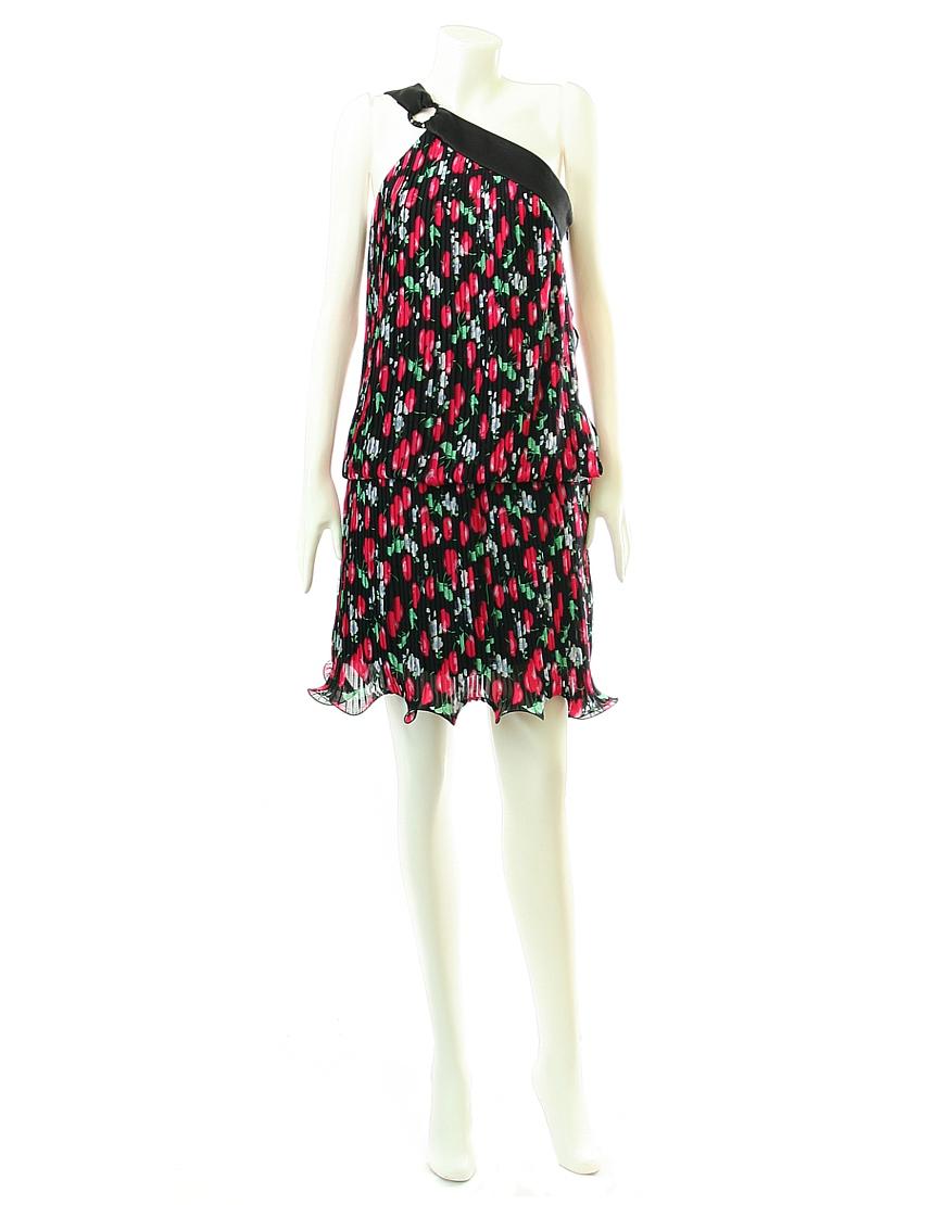 Cherry printed curl hem one shoulder dress