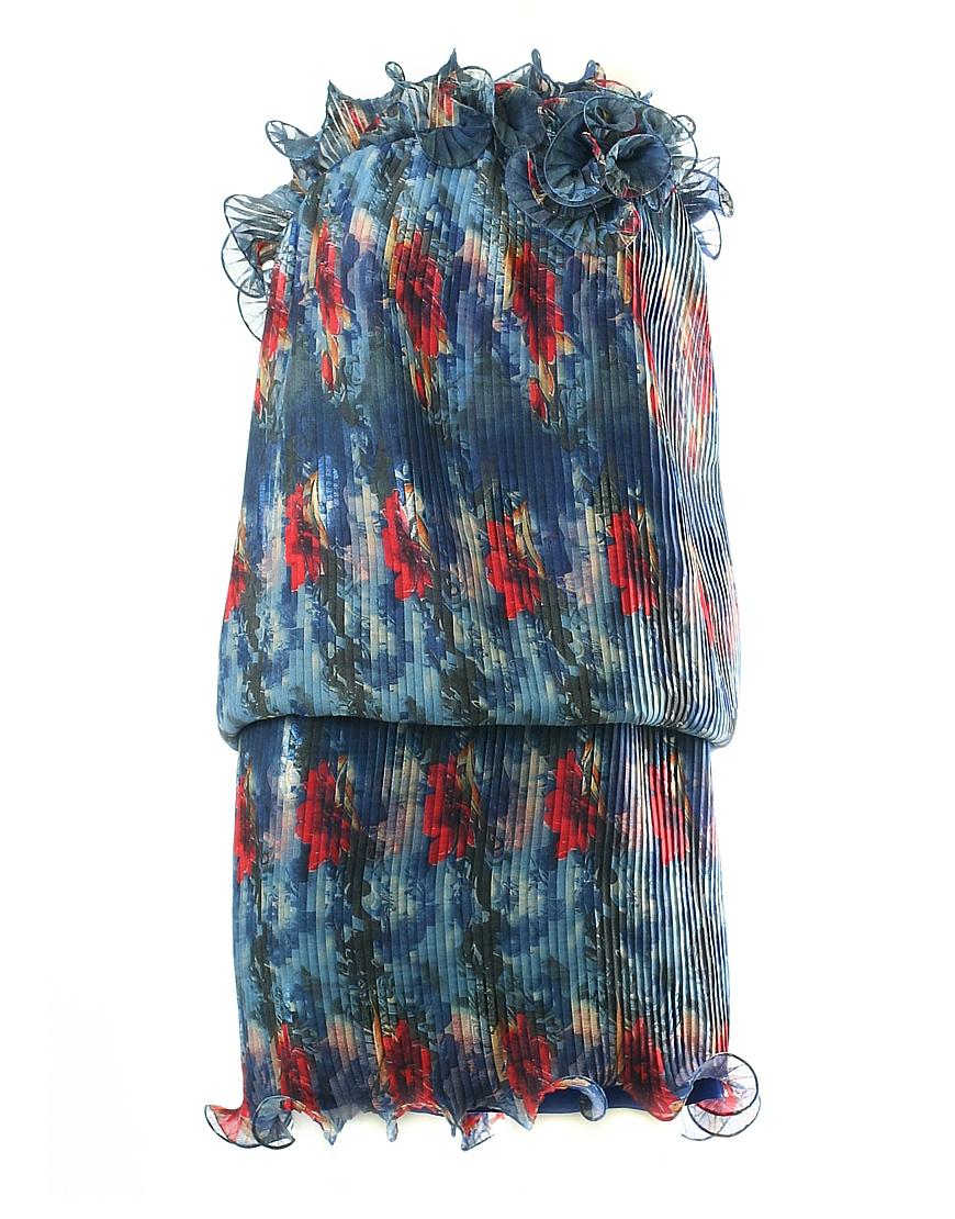 Pleat detail floral curl hem mini dress in blue